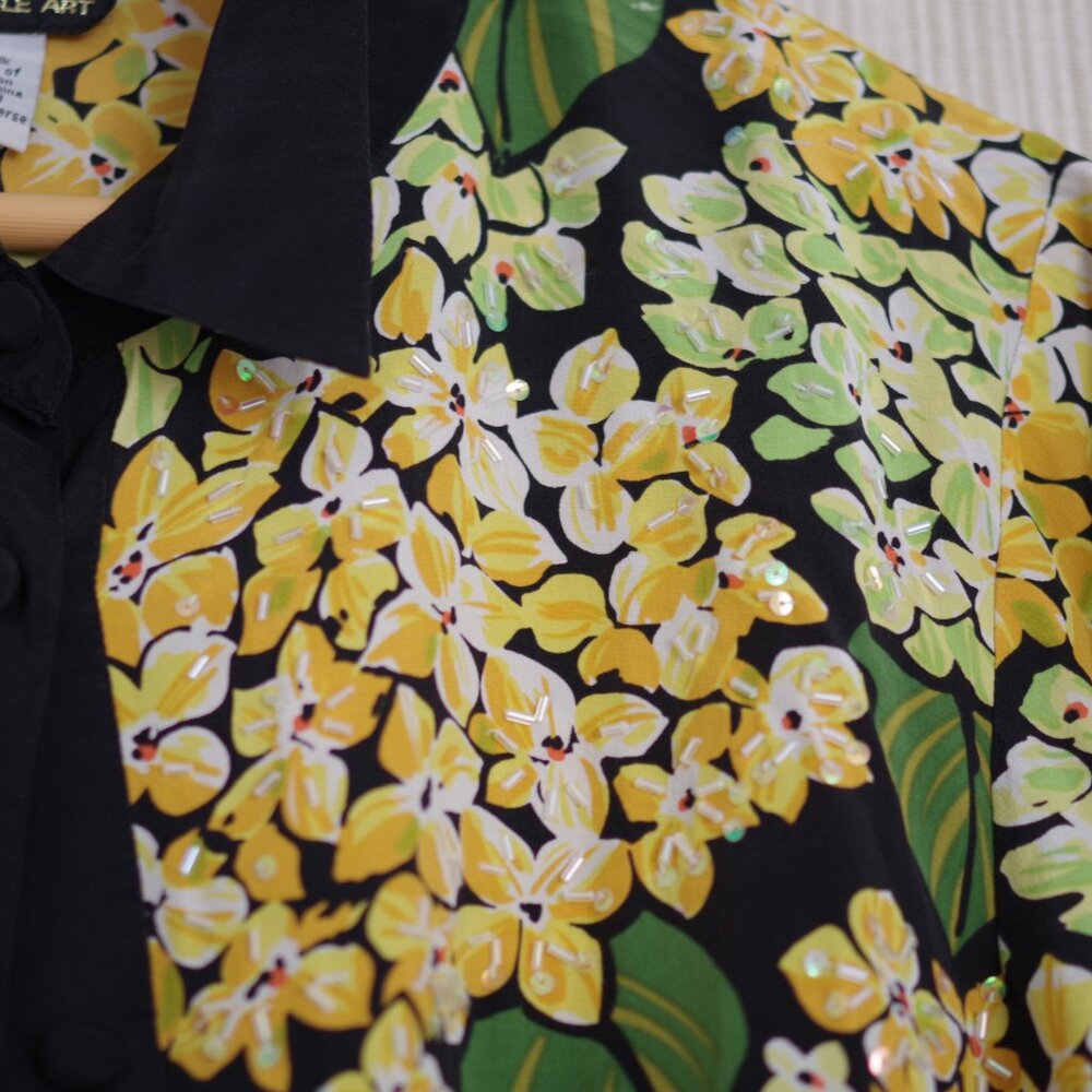 Bob Mackie Vtg. Black Yellow Flower Silk Vintage Long Sleeve Button Beaded Top L - Picture 4 of 7